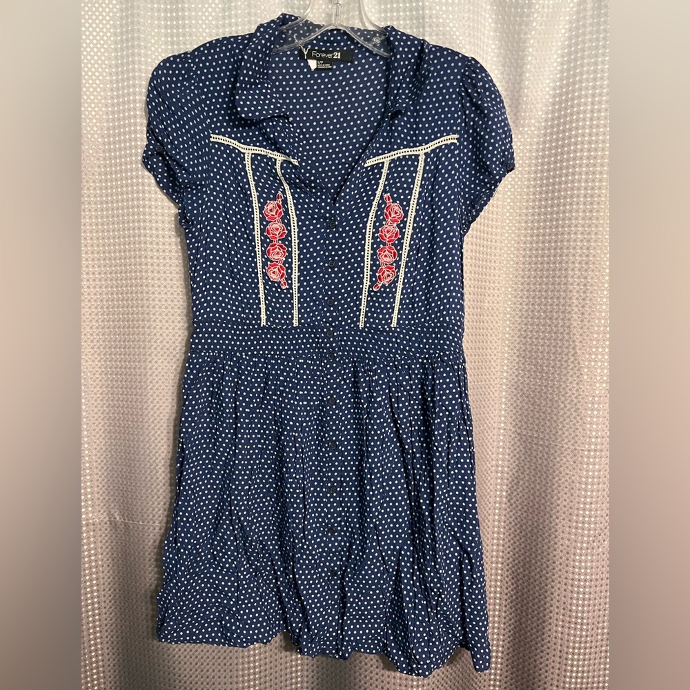 Forever 21 Rose Embroidered Rose Polka Dot Mini Rockabilly Dress Size Small